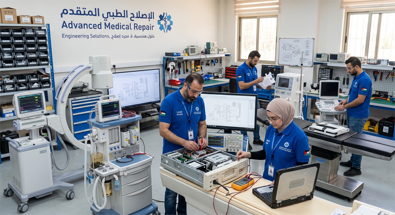 فريق مهندسي الإصلاح الطبي المتقدم أثناء فحص لوحات إلكترونية لأجهزة طبية على طاولة العمل في الورشة